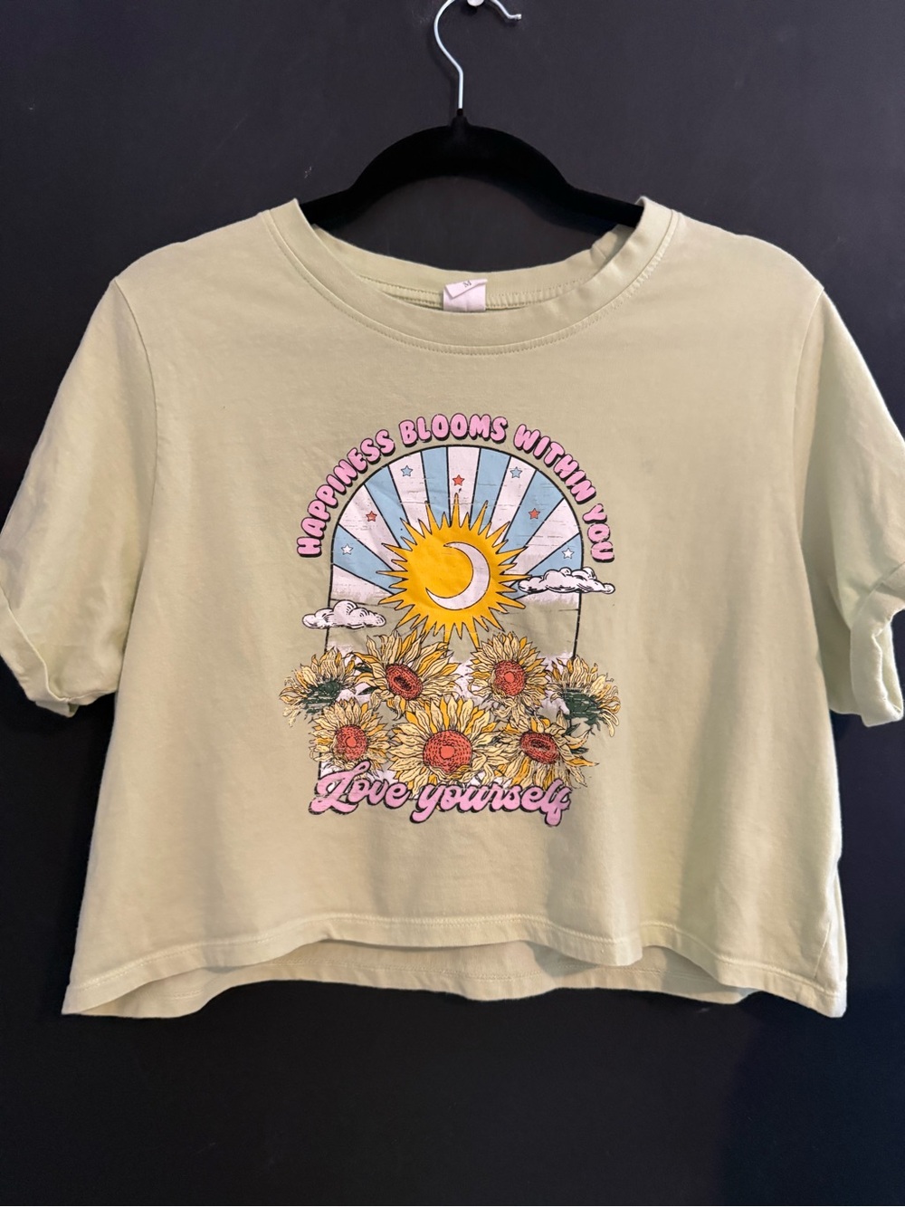 La Luna Sunflower Moon Graphic Crop Tee - 'Love Yourself' Happiness Blooms Med